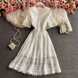Super Fairy Crocheted Hollow-out Vacation Fairy Skirt Chic Gentle Midi Dress Waist-Tight Seaside Beach Skirt Lace Dress