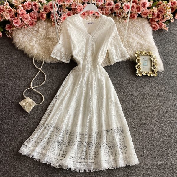Super Fairy Crocheted Hollow-out Vacation Fairy Skirt Chic Gentle Midi Dress Waist-Tight Seaside Beach Skirt Lace Dress