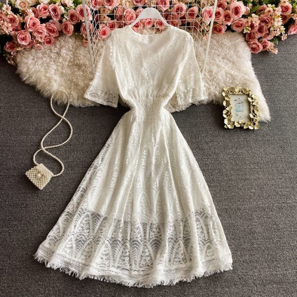 Super Fairy Crocheted Hollow-out Vacation Fairy Skirt Chic Gentle Midi Dress Waist-Tight Seaside Beach Skirt Lace Dress - Image 3
