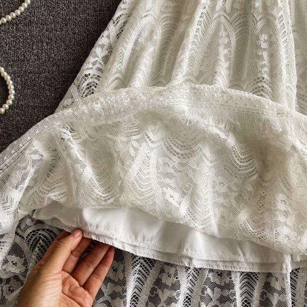 Super Fairy Crocheted Hollow-out Vacation Fairy Skirt Chic Gentle Midi Dress Waist-Tight Seaside Beach Skirt Lace Dress - Image 5