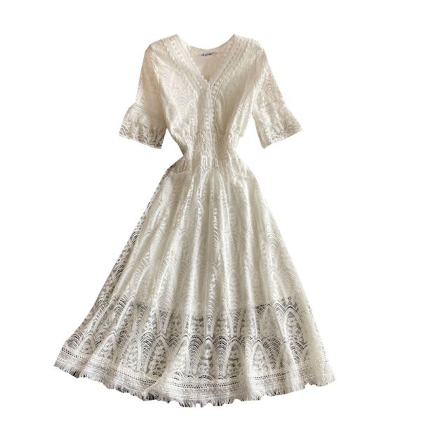 Super Fairy Crocheted Hollow-out Vacation Fairy Skirt Chic Gentle Midi Dress Waist-Tight Seaside Beach Skirt Lace Dress - Image 6