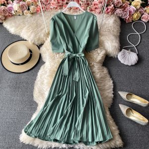 New Korean style high waist lace-up pleated mid-length dress Fashion temperament waist solid color a-line skirt short sleeves