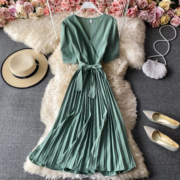 New Korean style high waist lace-up pleated mid-length dress Fashion temperament waist solid color a-line skirt short sleeves - Image 2