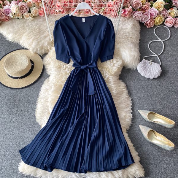 New Korean style high waist lace-up pleated mid-length dress Fashion temperament waist solid color a-line skirt short sleeves - Image 3