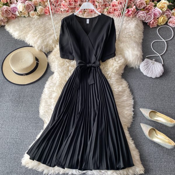 New Korean style high waist lace-up pleated mid-length dress Fashion temperament waist solid color a-line skirt short sleeves - Image 4