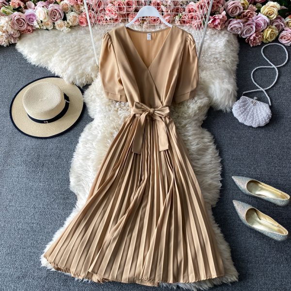 New Korean style high waist lace-up pleated mid-length dress Fashion temperament waist solid color a-line skirt short sleeves - Image 5