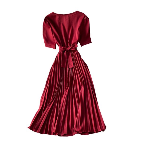 New Korean style high waist lace-up pleated mid-length dress Fashion temperament waist solid color a-line skirt short sleeves - Image 6