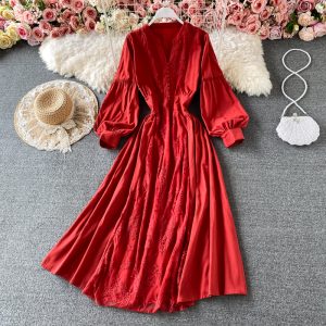 Korean chic gentle wind waist lantern sleeve V-neck dress elegant temperament embroidery large swing holiday long skirt female