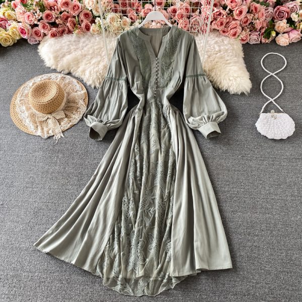 Korean chic gentle wind waist lantern sleeve V-neck dress elegant temperament embroidery large swing holiday long skirt female - Image 3