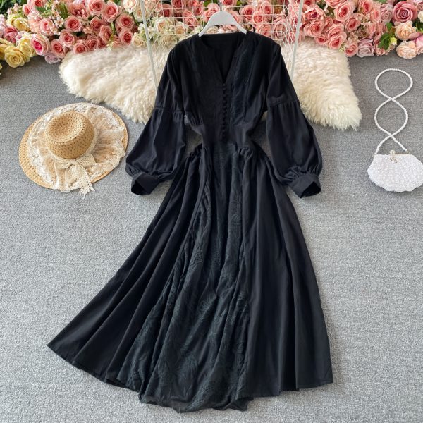 Korean chic gentle wind waist lantern sleeve V-neck dress elegant temperament embroidery large swing holiday long skirt female - Image 4