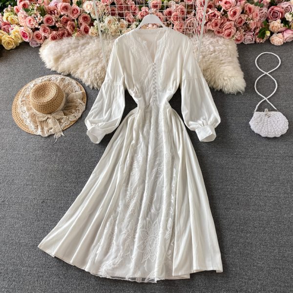 Korean chic gentle wind waist lantern sleeve V-neck dress elegant temperament embroidery large swing holiday long skirt female - Image 5