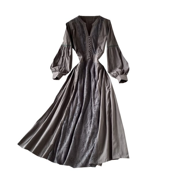 Korean chic gentle wind waist lantern sleeve V-neck dress elegant temperament embroidery large swing holiday long skirt female - Image 6