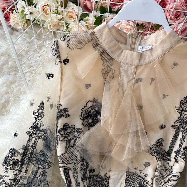 Spring French Style Vintage Court Style Embroidered Ruffled Waist Slimming Temperament Goddess Style Lace Dress - Image 3
