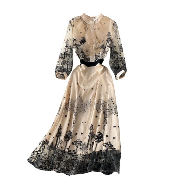 Spring French Style Vintage Court Style Embroidered Ruffled Waist Slimming Temperament Goddess Style Lace Dress - Image 6