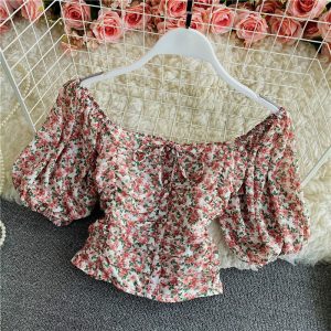 Women’s Floral Chiffon Shirt Summer Fashionable Square Collar Puff Sleeve Pleated Slim-Fit Short Exposed Navel Heather Top