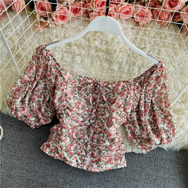 Women’s Floral Chiffon Shirt Summer Fashionable Square Collar Puff Sleeve Pleated Slim-Fit Short Exposed Navel Heather Top