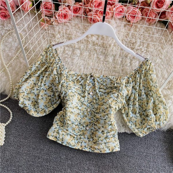 Women’s Floral Chiffon Shirt Summer Fashionable Square Collar Puff Sleeve Pleated Slim-Fit Short Exposed Navel Heather Top - Image 3