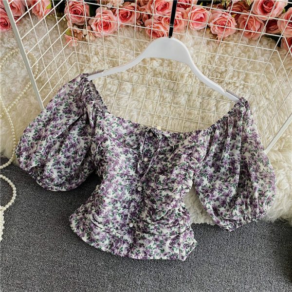 Women’s Floral Chiffon Shirt Summer Fashionable Square Collar Puff Sleeve Pleated Slim-Fit Short Exposed Navel Heather Top - Image 4