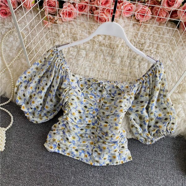 Women’s Floral Chiffon Shirt Summer Fashionable Square Collar Puff Sleeve Pleated Slim-Fit Short Exposed Navel Heather Top - Image 5
