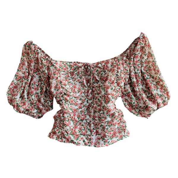 Women’s Floral Chiffon Shirt Summer Fashionable Square Collar Puff Sleeve Pleated Slim-Fit Short Exposed Navel Heather Top - Image 6