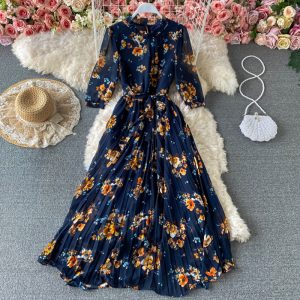Spring New Stand Collar Swing Long Dress Lightly Mature Temperament Western Style French Tight Waist Floral Pleated Dress