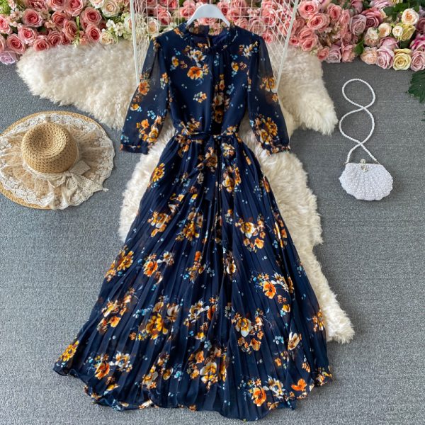 Spring New Stand Collar Swing Long Dress Lightly Mature Temperament Western Style French Tight Waist Floral Pleated Dress