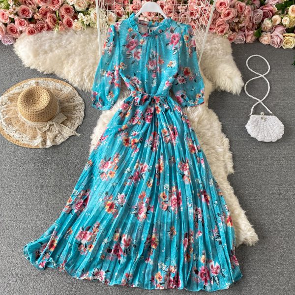 Spring New Stand Collar Swing Long Dress Lightly Mature Temperament Western Style French Tight Waist Floral Pleated Dress - Image 3