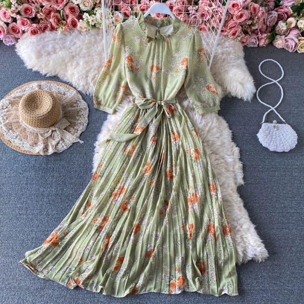 Spring New Stand Collar Swing Long Dress Lightly Mature Temperament Western Style French Tight Waist Floral Pleated Dress - Image 4