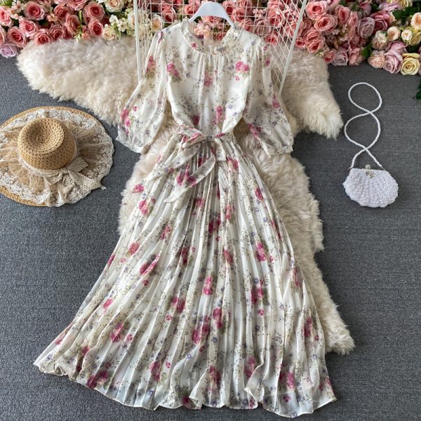 Spring New Stand Collar Swing Long Dress Lightly Mature Temperament Western Style French Tight Waist Floral Pleated Dress - Image 5