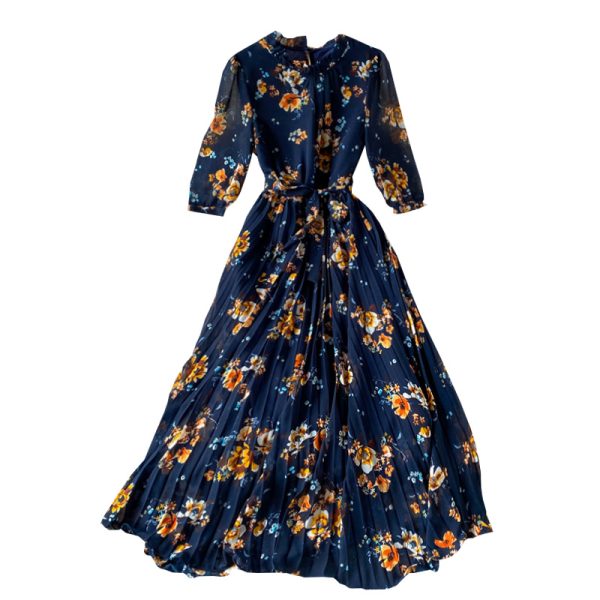 Spring New Stand Collar Swing Long Dress Lightly Mature Temperament Western Style French Tight Waist Floral Pleated Dress - Image 6