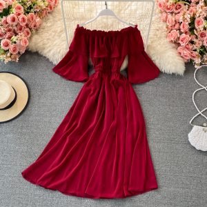 Beach Dress Bali Seaside Vacation off-Shoulder Ruffled Chiffon Dress Bell Sleeve off-Shoulder Large Swing Dress