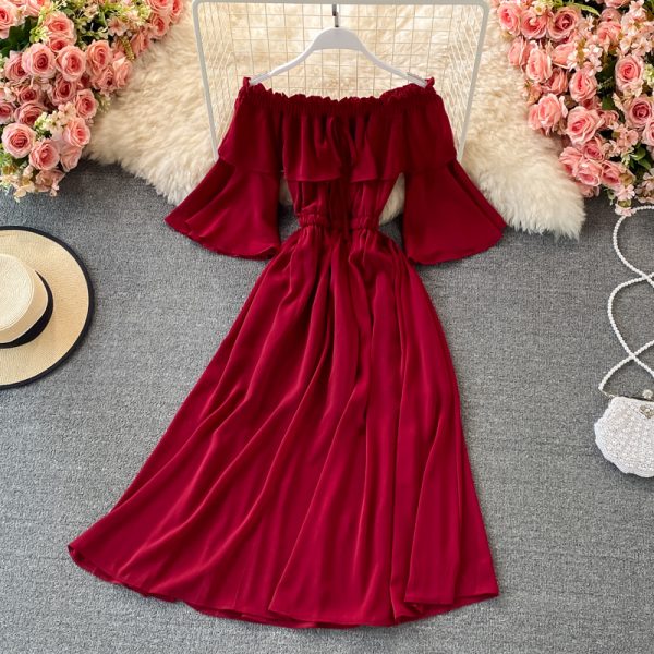 Beach Dress Bali Seaside Vacation off-Shoulder Ruffled Chiffon Dress Bell Sleeve off-Shoulder Large Swing Dress