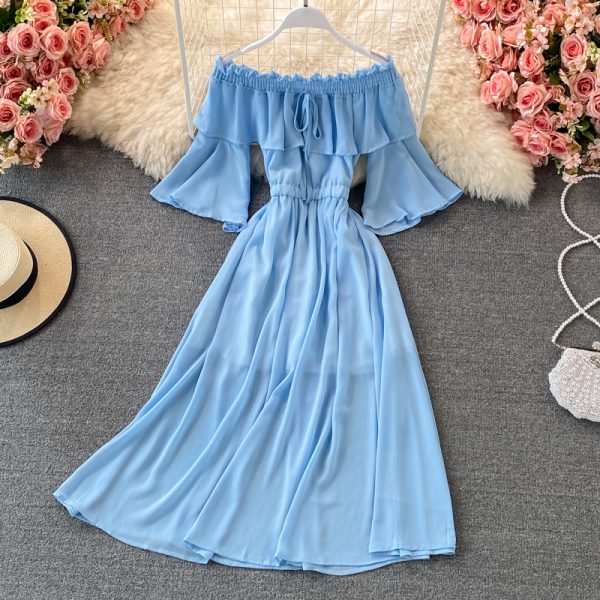 Beach Dress Bali Seaside Vacation off-Shoulder Ruffled Chiffon Dress Bell Sleeve off-Shoulder Large Swing Dress - Image 3