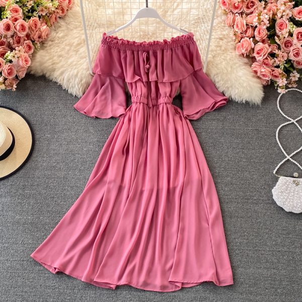 Beach Dress Bali Seaside Vacation off-Shoulder Ruffled Chiffon Dress Bell Sleeve off-Shoulder Large Swing Dress - Image 4