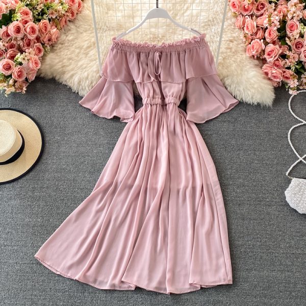 Beach Dress Bali Seaside Vacation off-Shoulder Ruffled Chiffon Dress Bell Sleeve off-Shoulder Large Swing Dress - Image 5