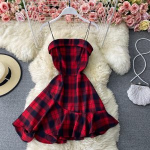 French First Love A- line Dress Dark Plaid Waist Tight Small Suspender Dress Slim Slimming Elegant Dress Summer