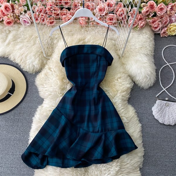 French First Love A- line Dress Dark Plaid Waist Tight Small Suspender Dress Slim Slimming Elegant Dress Summer - Image 3