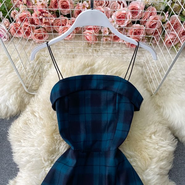 French First Love A- line Dress Dark Plaid Waist Tight Small Suspender Dress Slim Slimming Elegant Dress Summer - Image 4
