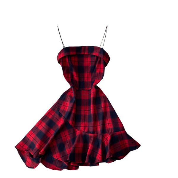 French First Love A- line Dress Dark Plaid Waist Tight Small Suspender Dress Slim Slimming Elegant Dress Summer - Image 6