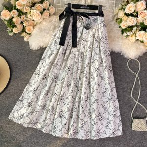 Lace-up Bow Waist A- line Skirt Spring New Women’s Mid-Length over-the-Knee Floral Skirt Umbrella Skirt Long Skirt
