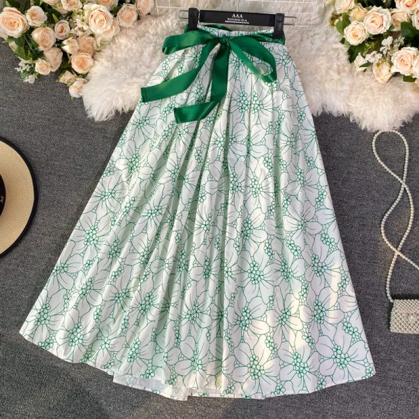 Lace-up Bow Waist A- line Skirt Spring New Women’s Mid-Length over-the-Knee Floral Skirt Umbrella Skirt Long Skirt - Image 3