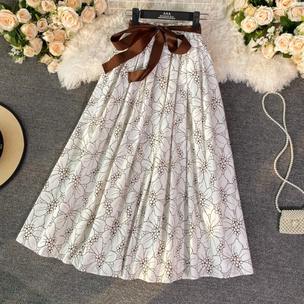 Lace-up Bow Waist A- line Skirt Spring New Women’s Mid-Length over-the-Knee Floral Skirt Umbrella Skirt Long Skirt - Image 4