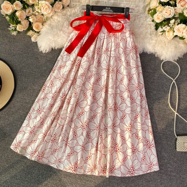 Lace-up Bow Waist A- line Skirt Spring New Women’s Mid-Length over-the-Knee Floral Skirt Umbrella Skirt Long Skirt - Image 5