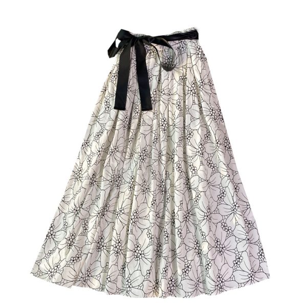 Lace-up Bow Waist A- line Skirt Spring New Women’s Mid-Length over-the-Knee Floral Skirt Umbrella Skirt Long Skirt - Image 6