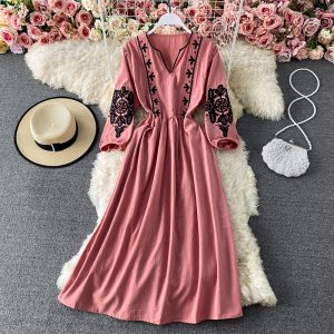 Retro style elegant art travel long skirt heavy embroidery flower beach skirt loose high waist lantern sleeve dress