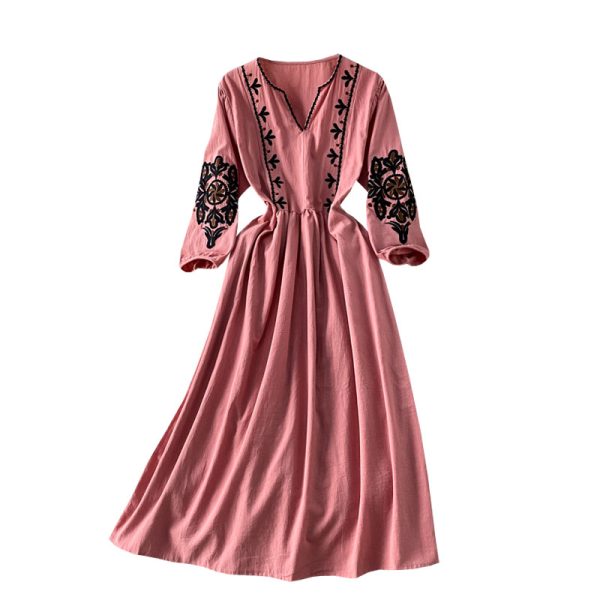 Retro style elegant art travel long skirt heavy embroidery flower beach skirt loose high waist lantern sleeve dress - Image 6