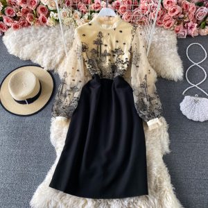 spring elegant temperament wood ear stand collar stitching embroidered mesh fake two-piece waist slimming a-line dress