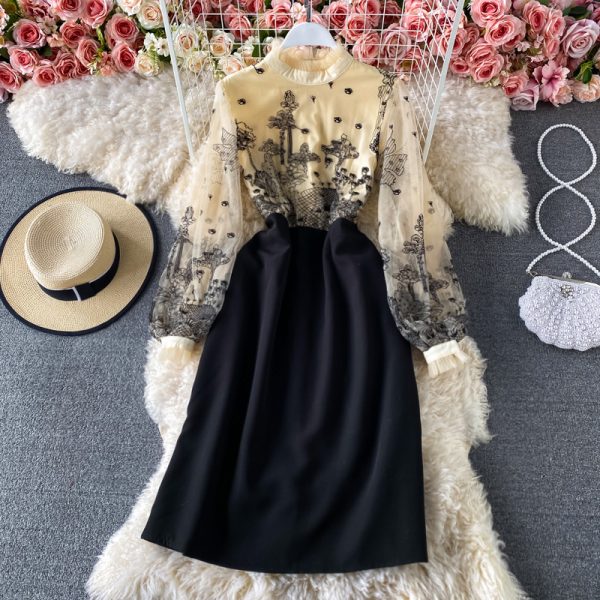spring elegant temperament wood ear stand collar stitching embroidered mesh fake two-piece waist slimming a-line dress - Image 2