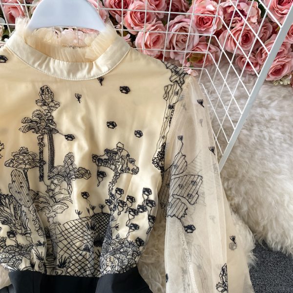 spring elegant temperament wood ear stand collar stitching embroidered mesh fake two-piece waist slimming a-line dress - Image 3