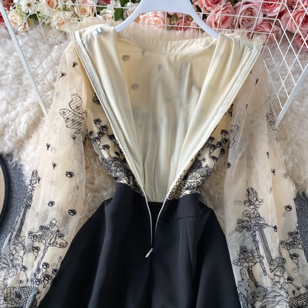 spring elegant temperament wood ear stand collar stitching embroidered mesh fake two-piece waist slimming a-line dress - Image 5